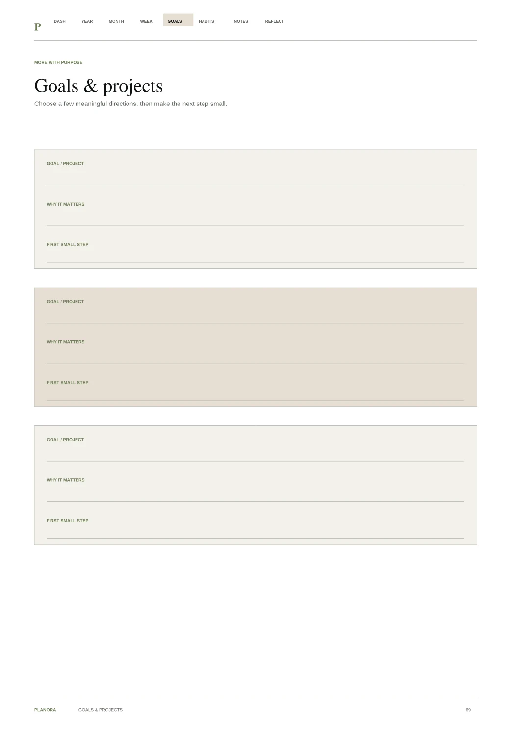 Goals & projects page from the Planora Weekly Flow Planner