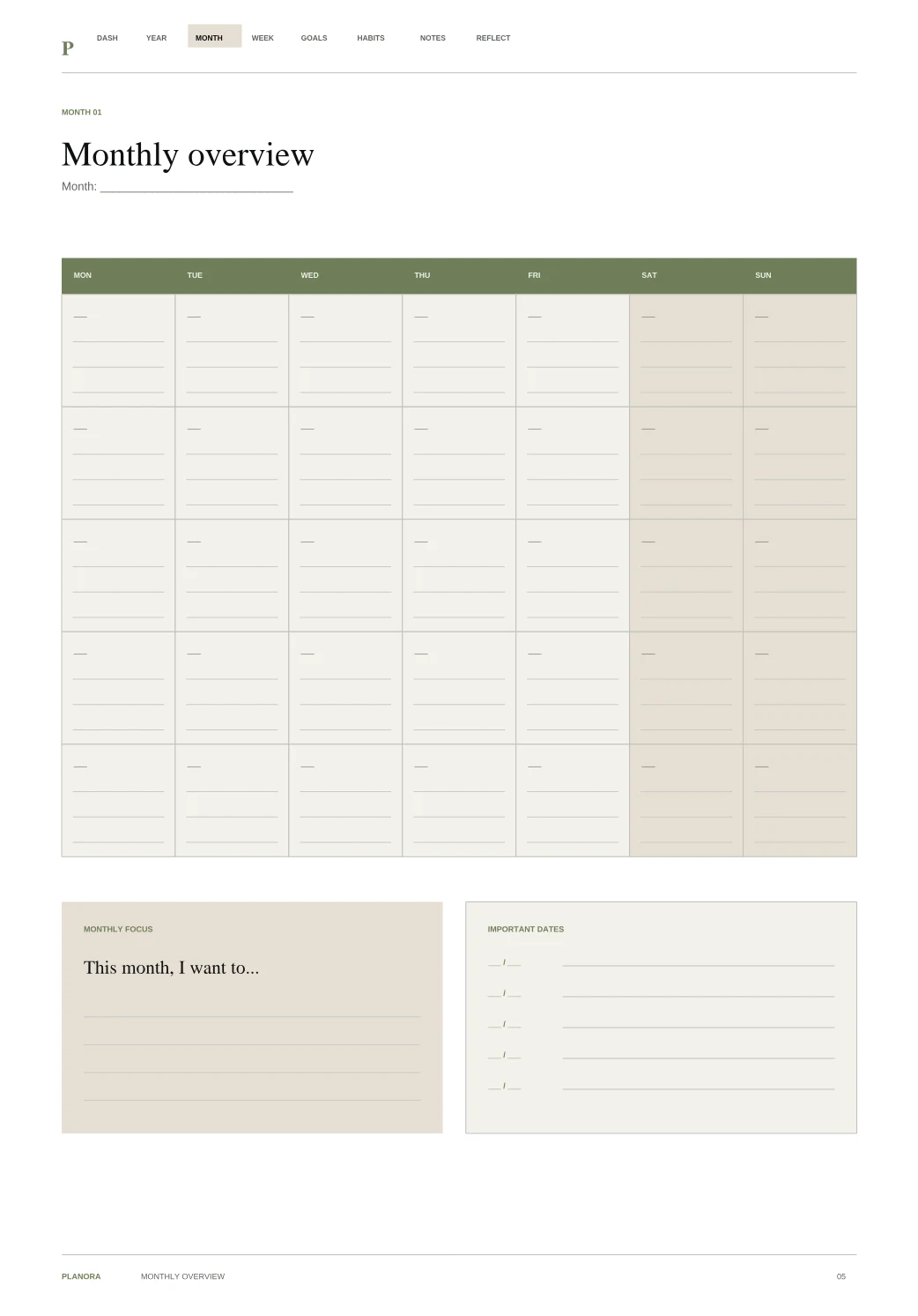 Monthly overview page from the Planora Weekly Flow Planner