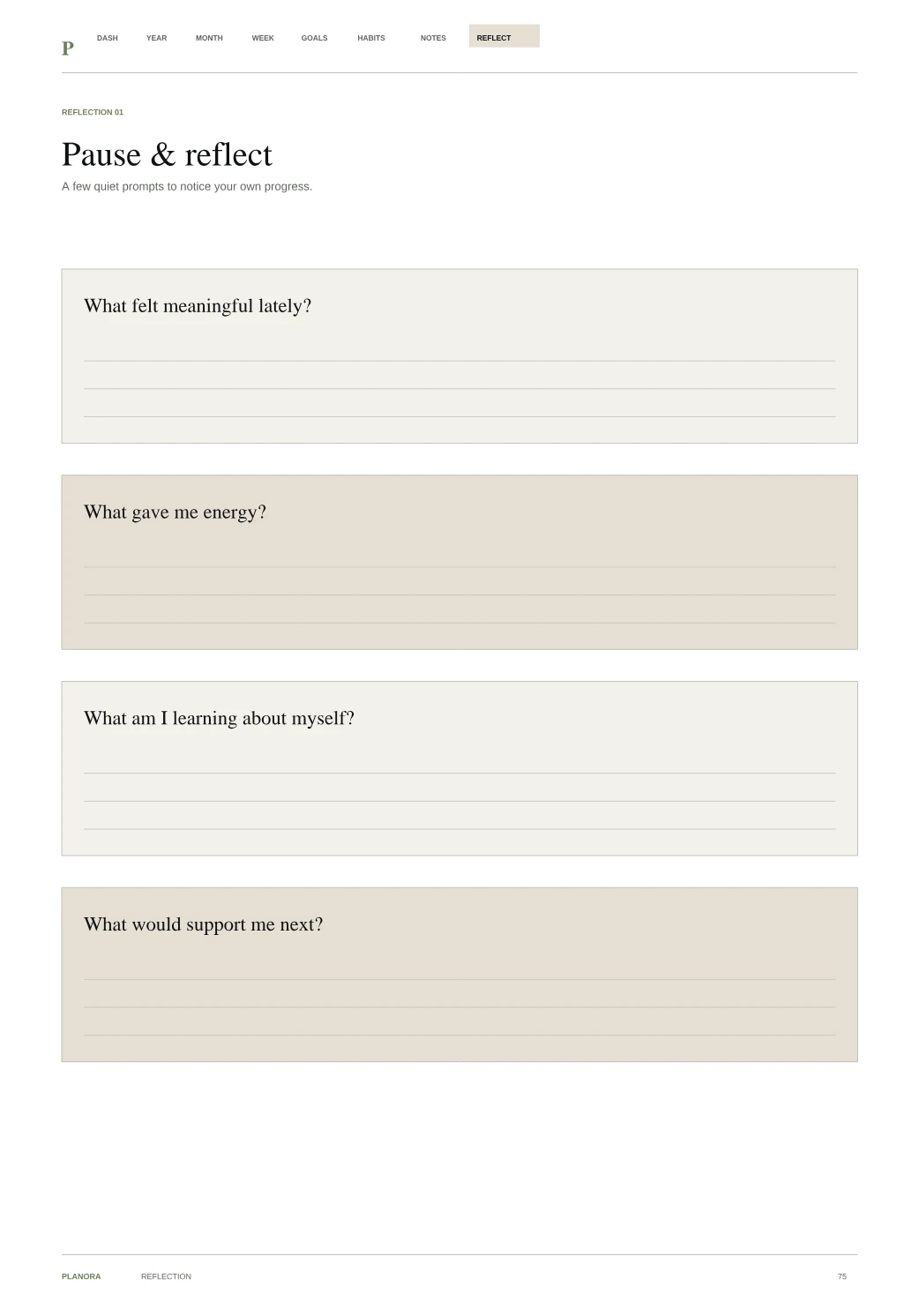 Reflection page from the Planora Weekly Flow Planner