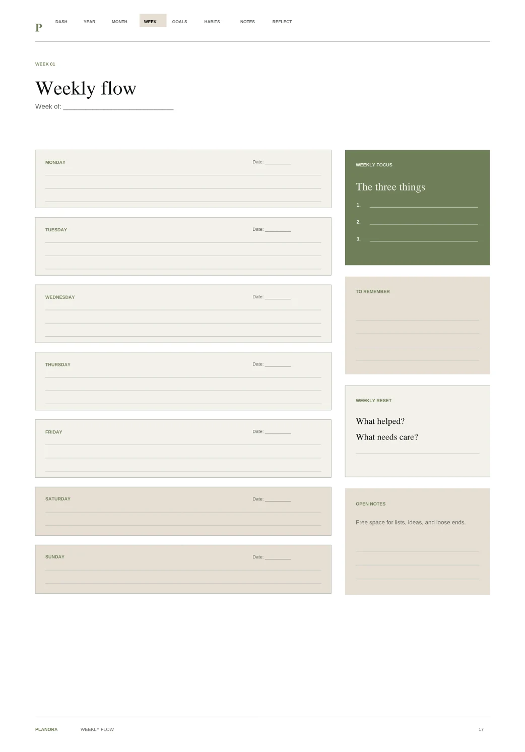 Weekly flow page from the Planora Weekly Flow Planner